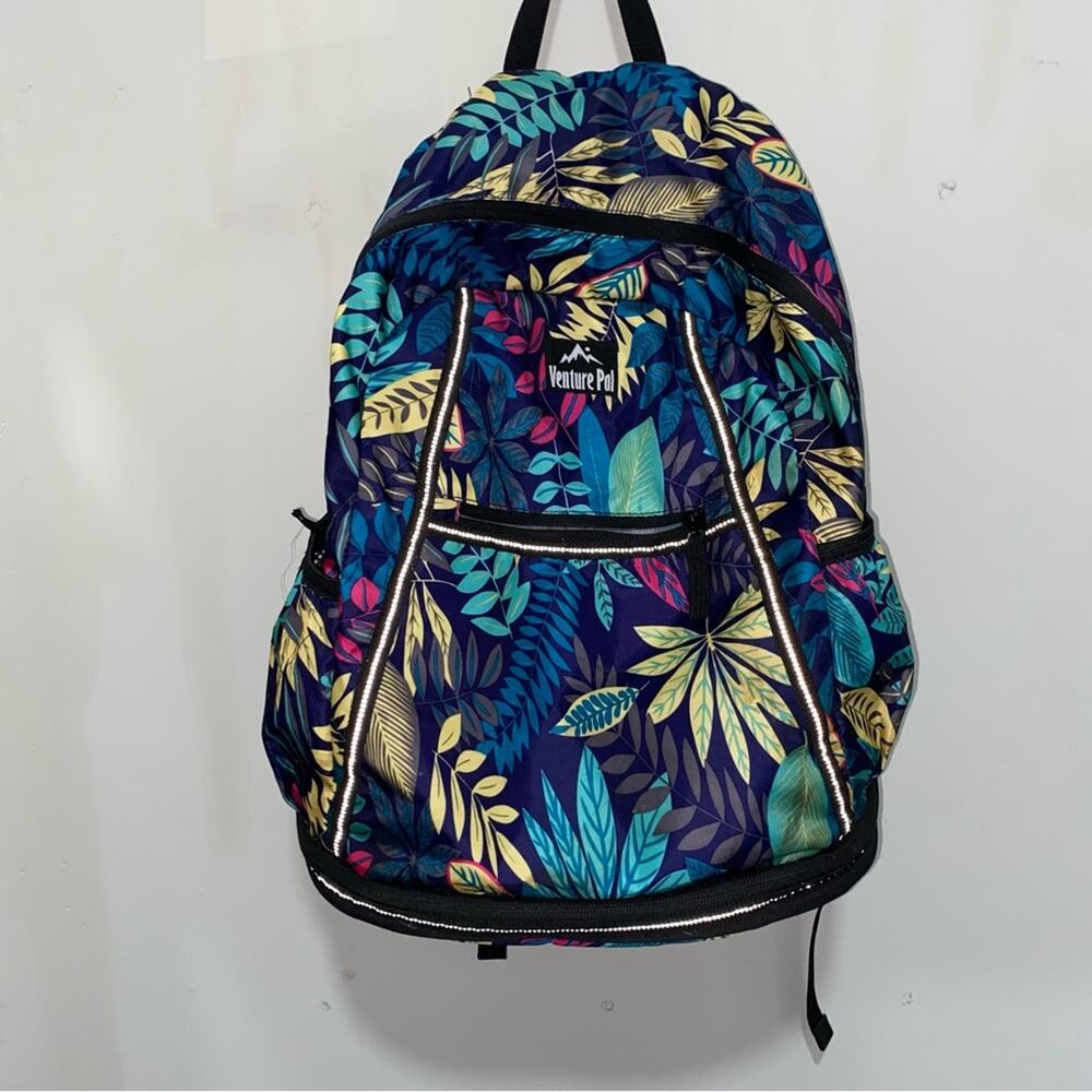 Blue and Yellow Tropical Print Backpack with Multiple Compartments